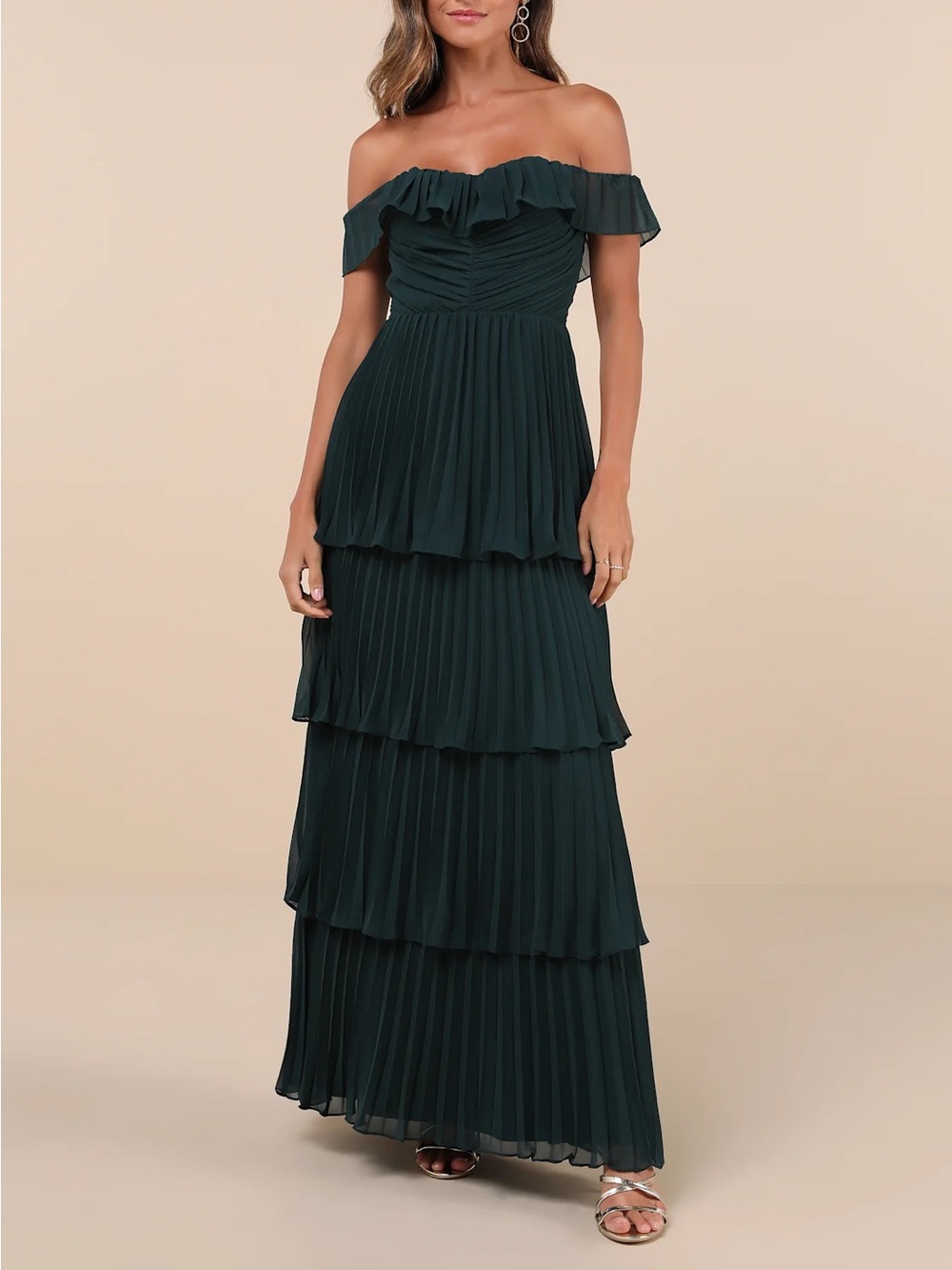 Lulus | Always Remarkable Emerald Pleated Off-the-Shoulder Maxi Dress